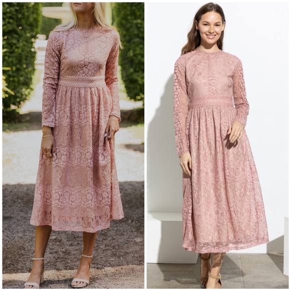 FEW LEFT❗️POLAGRAM Dusty Pink Lace Embroidered Long Sleeves Midi Dress - Picture 13 of 13